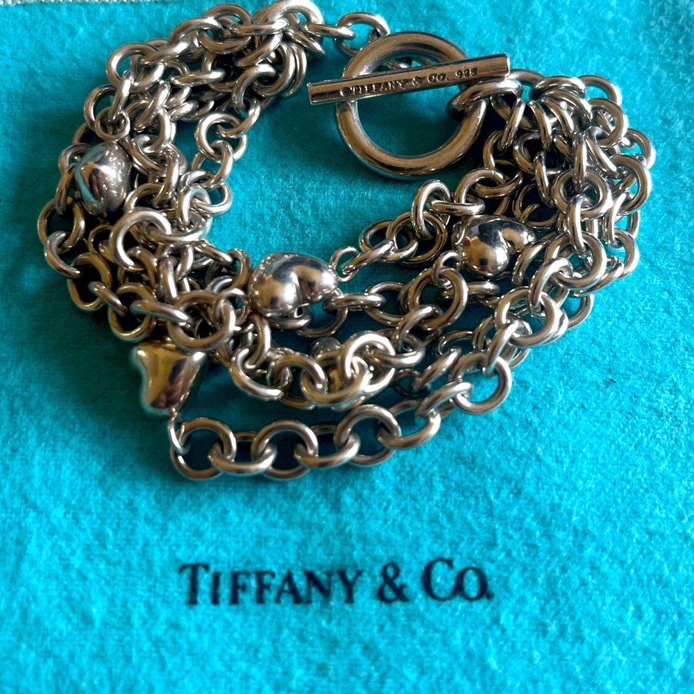 Tiffany & Co Sterling Silver Puffed Heart Multi Chain Bracelet
